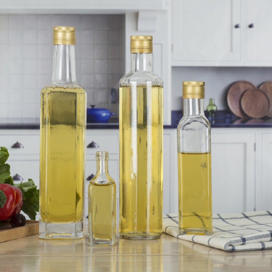 Bouteilles d'huile d'olive en verre claires carrées rondes du silex 500ml avec le logo fait sur commande